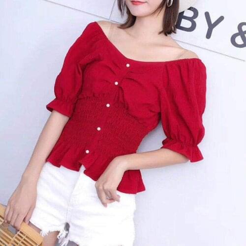 Off Shoulder Tops For Women Summer Blouses Fashion 2021 Ruffle Puff Sleeve Top Cropped Tunics Feminine Clothes Korean Elegant