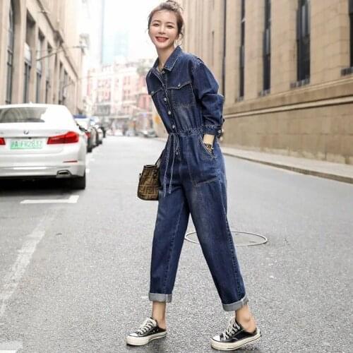 Women 2021 Spring Autumn Fashion High Waist Pockets Jumpsuit Female Casual Slim Overall Romper Streetwear Denim Jumpsuits Y153
