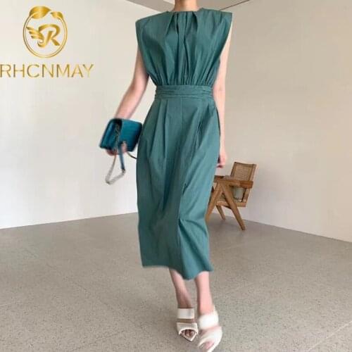New 2021 O Neck Sleeveless Summer Temperament Dress Women High Waist Hip A Line Pleat Long Vestidos OL Slim Dress