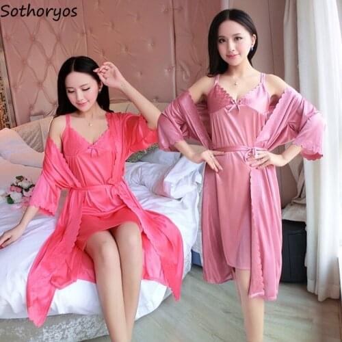Robe Gown Sets Women Solid Silk Thin Trendy Plus Size 3XL Loose Chic Lace Up Sexy Nightwear Womens Bathrobes Comfortable Casual