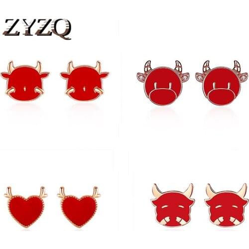 ZYZQ Retro New Year Gift Earrings For Women Cute Red Zodiac Bull Earrings National Trend Fashion Jewelry Gift Wholesale 2020