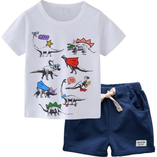 BINIDUCKLING Dinosaur Printed Kids Boys Clothes Set 2PCS Boy White T-Shirt+Shorts Suit For Toddler Boys 100% Cotton Clothes