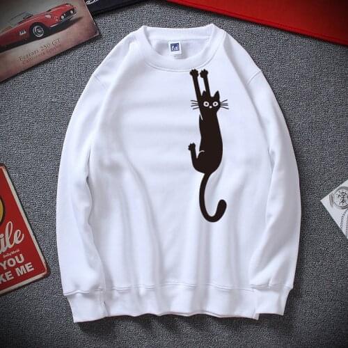 Kawaii Hanging Black Cat Print Hoodies Women Autumn And Winter Fleece Streetwear Pullover Sweatshirt