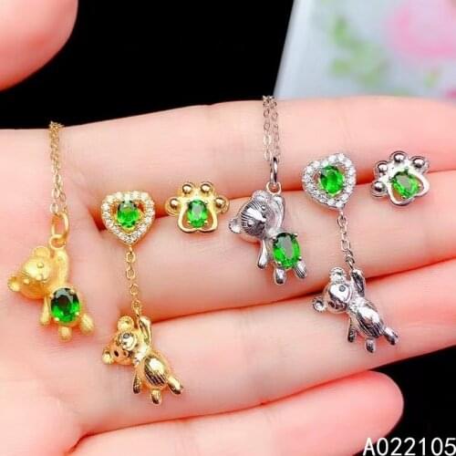 KJJEAXCMY fine jewelry 925 sterling silver inlaid Natural Diopside women trendy elegant bear Pendant Earring Set support detecti