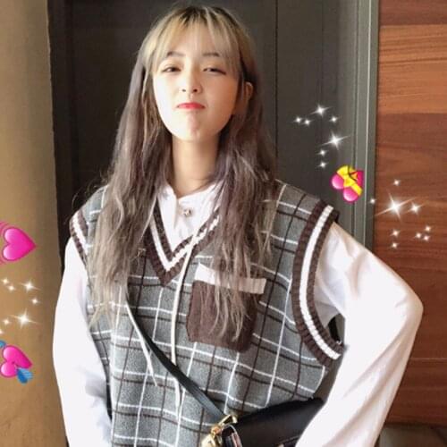 Plaid Knit Vest Sweater V-neck Pullover Sleeveless Vintage Japanese Style Preppy College Casual Women Tops Knited Clothing