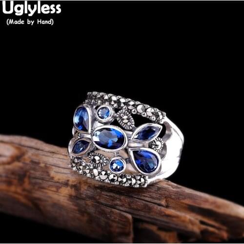 Uglyless Hollow Vintage Gemstones Rings Women Zircons Crystals Open Wide Rings Real 925 Silver Bijoux Ethnic Fine Jewelry R934