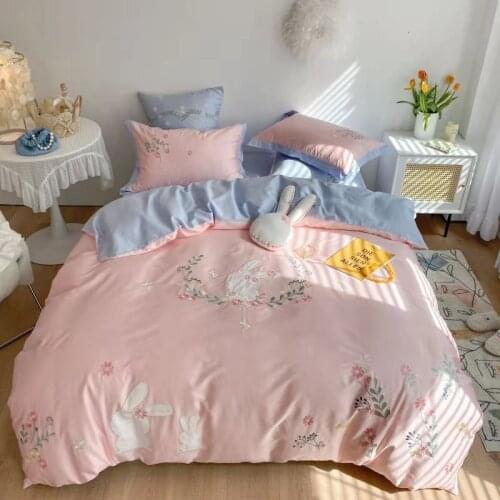 Long-staple Cotton Bedding Set Quilt Cover Sheet Princess Style Bedding Small Fresh and Simple Four - Piece Set of Washed 4 Pcs