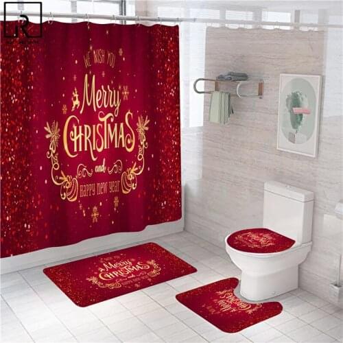 Red Merry Christmas Shower Curtains Polyester Bathroom Festival Decoration Elk Bath Mat Set Toilet Supplies Rugs WC Accessories
