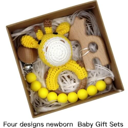 Macrame crochet Animal Teether Set Toy Wooden Teether Rattle Silicone Pacifier Chain Newborn Baby Gift Sets
