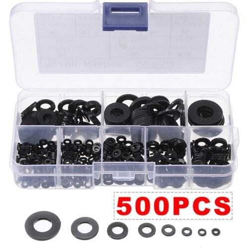 500Pcs Nylon Washer Set Black Nylon Flat Washers Assortment Kit Durable Gasket Ring With Box For M2 M2.5 M3 M4 M5 M6 M8 M10
