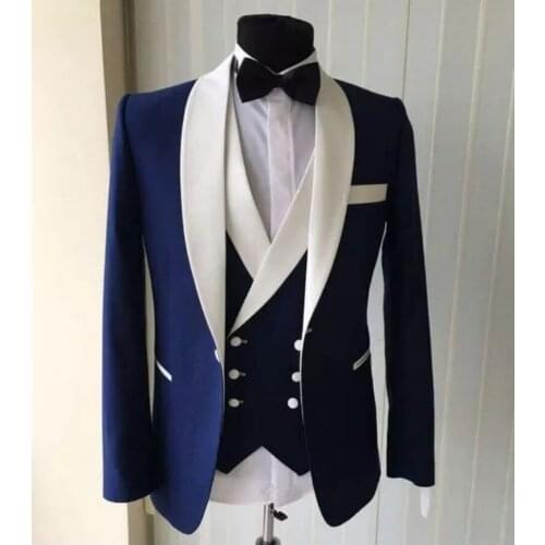 Newest Groomsmen Light Navy Blue Groom Tuxedos Shawl Ivory Lapel Men Suits Wedding Best Man Blazer ( Jacket+Pants+Tie+Vest )C397