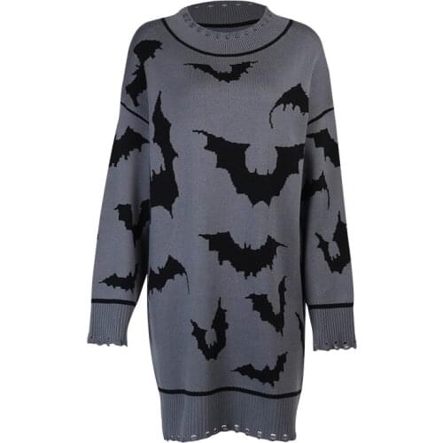 New Bat Graphic Printed Gothic Oversize Sweaters Long Sleeve Loose Dark Grey Women Pullovers Ruched Hem Fashion Streetwear