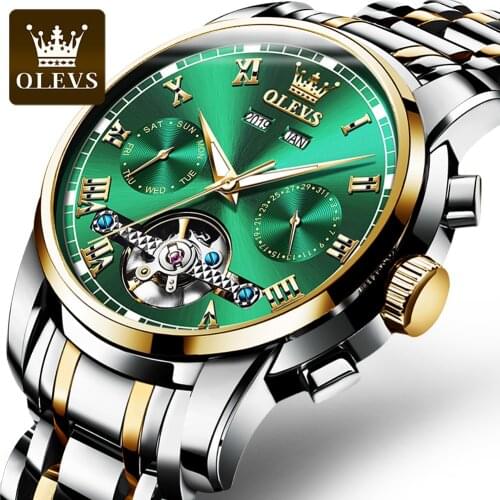 OLEVS Tourbillon Automatic Watch Men Mechanical Wristwatches Multifunctional Watch for Men Stainless Steel Waterproof 41mm Dial
