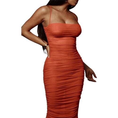 Perspective Mesh Fashion Lady Club Midi Dress 2021 Summer Women Sexy Cover Party Backless Spaghetti Strap Bodycon Dress PR2754G