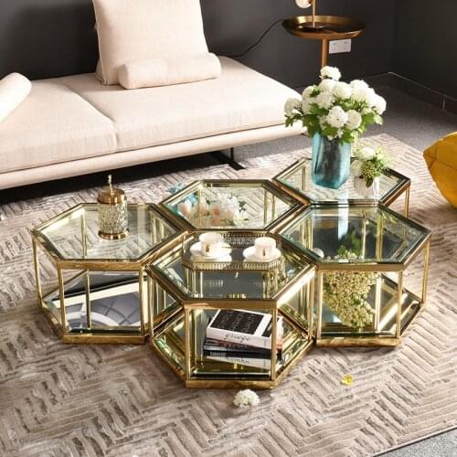 Transparent Coffee Table Stainless Steel Geometric Combination Creative Design Small Apartment Tempered Glass Hexagon Tea Tables
