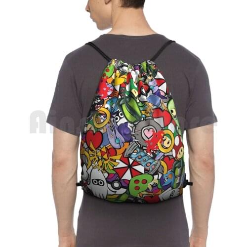 Video Game Mash-Up Backpack Drawstring Bag Riding Climbing Gym Bag Gamer Video Game Video Games Gamer Girl Console Girl