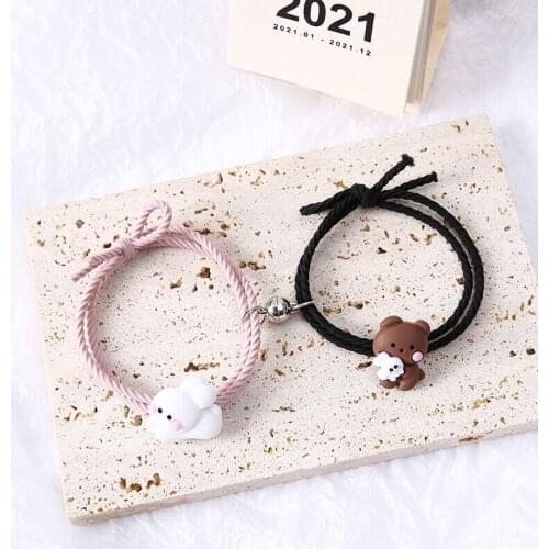 Lovely 2pcs Couple Bracelets Paired Best Friendship Braslet Distance Attract Magentic Braclet Cute Bear Rabbit Charm Brazalete