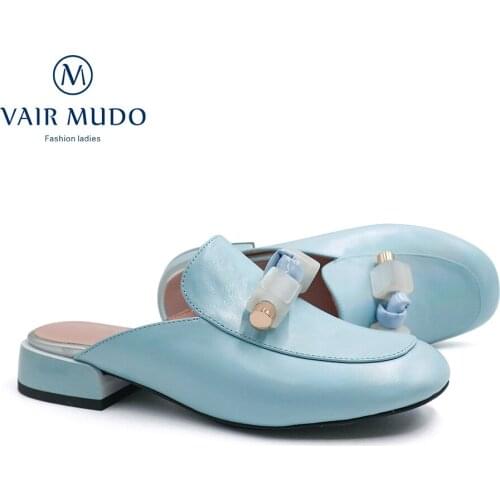 VAIR MUDO Women Slides Fashion New Sliper Summer Round Toe Genuine Leather Elegant Blue High Quality Footwear Neutral ShoesLT17