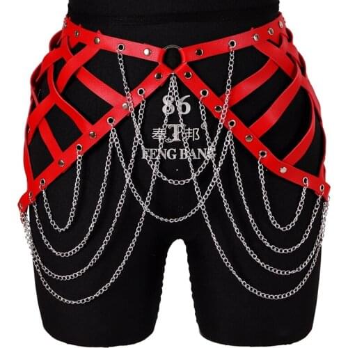 Women Goth Sexy Leather Harness Chain Cage Skirt Adjustable Hollow Out Pole Dance Dress Body Harness Straps Bdsm Erotic Lingerie