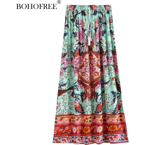 Boho Vinatge Elastic Waist Bohemian Fadal Split Hem Rayon Cotton Hippie Beachwear Skirts For Women