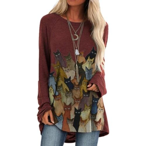 Cat Dragonfly Pumpkin Face Printed Long Sleeve ONeck Loose Casual Autumn Harajuku Plus Size Women Lady Tops Pullover T-Shirts