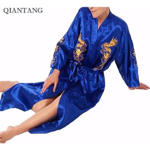 Blue New Chinese Womens Satin Embroidery Robe Kimono Bath Gown pijamas Dragon Size S M L XL XXL XXXL S0009