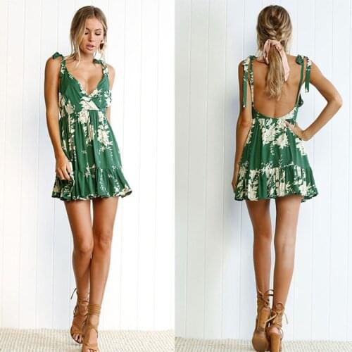2021 New Women Print Floral Stripe Dress Sexy V-Neck Sleevele Beach Casual Boho Dress Plus Size 2XL Vestidos Green Dress