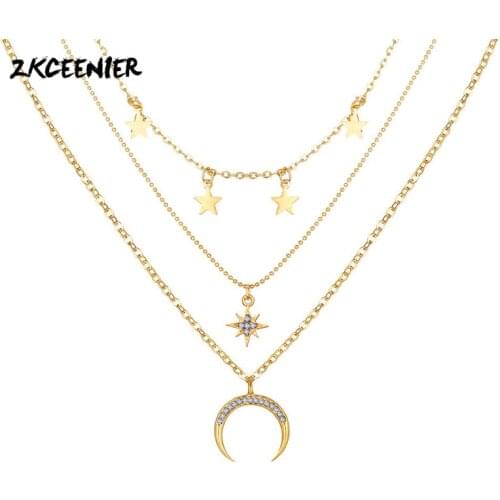 New Fashion Eight-pointed Star Crescent Three Layer Necklace Women Gold Ckoker Necklace Retro Creative Pendant Clavicle Chain