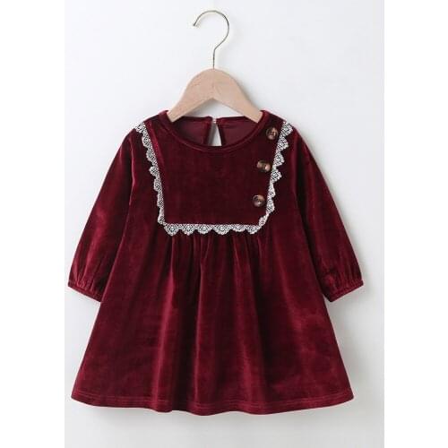 Winter 2020 Girls Dress Girls Cute Velvet Long Sleeve White Lace Claret Dress Cute Dress Vestidos 0-24M