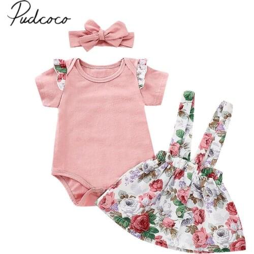 2019 Brand New Newborn Infant Kids Baby Girls Clothes 3PCS Sets Pink Romper Floral Overall Dress Headband Summer Outfits 0-24M