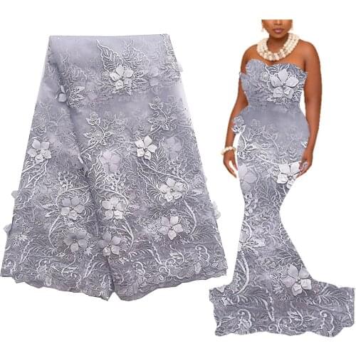 3d Embroidery African Lace Fabric 2021 Grey Swiss Tulle Mesh Net Lace Fabric 5 Yards Guipure Cord French Lace Fabric for Wedding