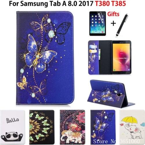 Case For Samsung Galaxy Tab A 8.0 SM-T380 T380 T385 2017 8.0 inch Cover Funda Tablet Fashion Butterfly PU Leather Shell+Film+Pen