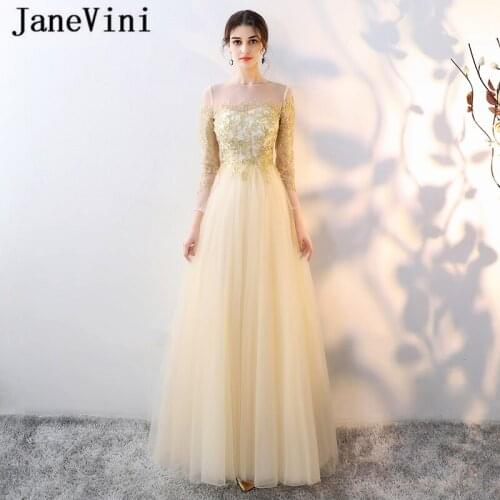 JaneVini Elegant Long Bridesmaid Dresses with Sleeves A Line Gold Embroidery Appliques Sheer Back Tulle Prom Gowns Floor Length