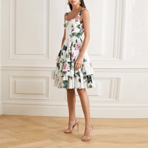 Elegant Layer Ruffles Floral Printed Midi Dresses For Women Sexy Spaghetti Strap Backless Pleated Summer Dress 2020