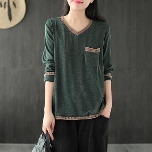 Cotton Retro Patchwork V-neck Pockets Long Sleeve Pullover T-shirt 2020 Autumn New Fashion All-match Women 4 Color Top