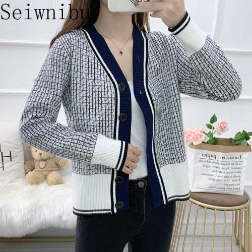Plaid Women Cardigan Sweater Autumn Winter Color Block Winter Outwear Clothing Soft Knitted Female Jumoer Top Lady Coat