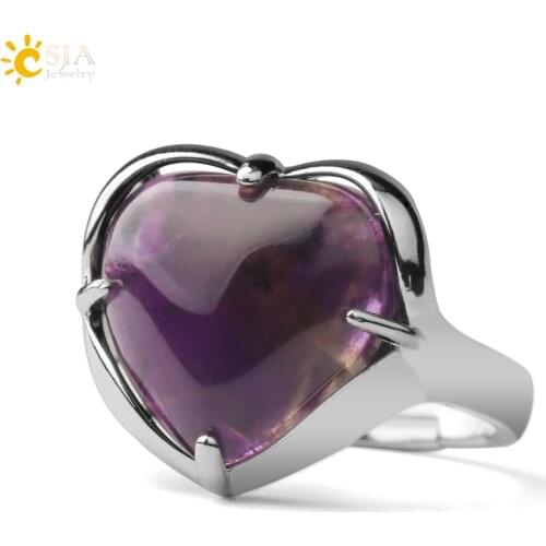 CSJA Love Heart Cyrstal Ring for Women Silver Color Natural Stone Adjustable Rings Engagement Wedding Bridal Jewelry Gift G691