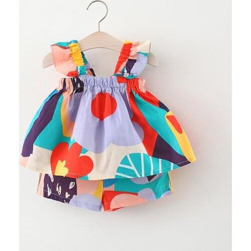 2Piece sets Baby Girl Top + Shorts For 3M-4T Summer Beach Princess Sleeveless Flower Printing Suit For Girls Toddler Clothes