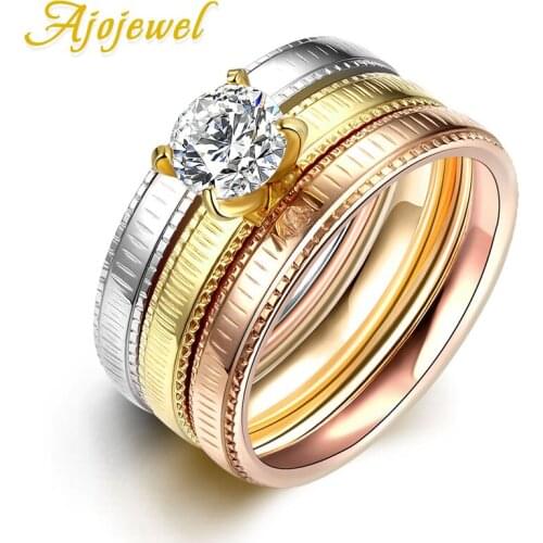 Ajojewel Three-tone Titanium Stainless Steel Set Rings For Women Engagement Ring Zirconia Finger Jewelry