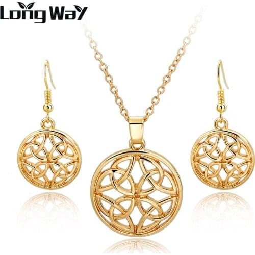 LongWay Luxury Gold Color Drop Eearrings Necklaces Hol Round Jewelry Sets for Women Wedding Anniversary Top Quality SET160004103