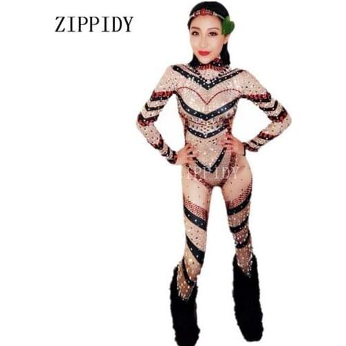 Fashion Shining Nude Color Female Singer Dancer Costume One-piece Bodysuit Nightclub Oufit Party Leggings