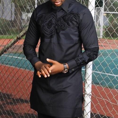 Black Shirt Men African Style Slim Fit Long Robe Male Clothing 2021 Spring Summer Ethnic Dashiki Mens Long Shirt Plus Size 3XL