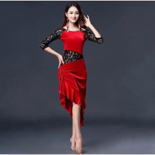 New Women Dance Wear Ballroom Dress Samba Costume Sexy Party Dresses Floral Lace One-piece Latin Dress Velvet