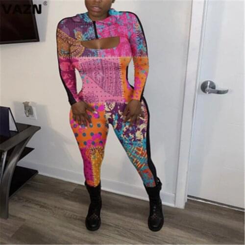VAZN 2020 New Fashion Mujer Colorful Print Bandage Casual Outfits Running Sports Suit Women Full Sleeve Long Pant Holiday Sets