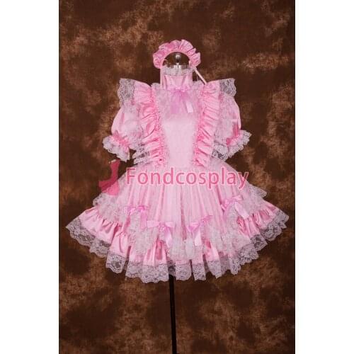 Sexy Lockable Pink Satin Lace Bowknot Sissy Maid Short Dress Cosplay Uniform[S015]