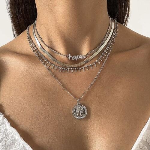 Vintage Elegant Letters Hope Figure Coin Pendant Necklaces for Women Multilayer Snake Chains Geometric Necklace Colar Jewelry