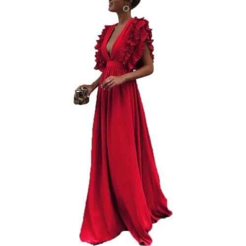 2021 Sexy Women Deep V Neck Ruffles Boho Maxi Club Red Dress 3XL PlusSize Bandage Long Dress Party Bridesmaids Robe Longue Femme