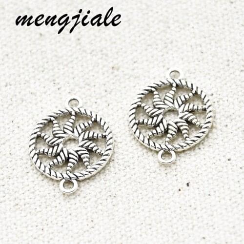 24pcs Antique Silver Sun Charms Round Connector Alloy Metal Pendants For DIY Jewelry Accessories Making 21*15mm