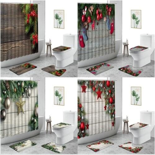 Christmas Shower Curtain Holiday Decoration Background Cloth Bathroom Curtains Set Non-Slip Bath Mat Bathtub Screen With Hooks