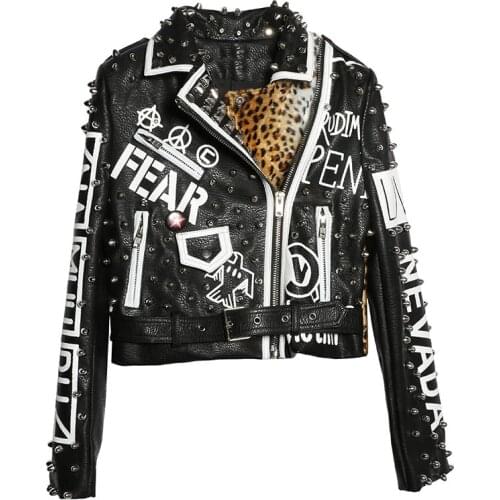 Autumn Fashion Rivet Leather Motorcycle Jacket For Women Punk Style Leopard Letters Printing Rock Biker Streetwear